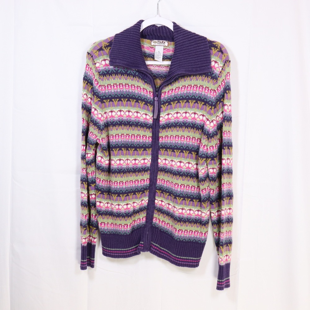 Tiara International Full‎ Zip Sweater XL Purple Womens Fair Isle Knit Cardigan